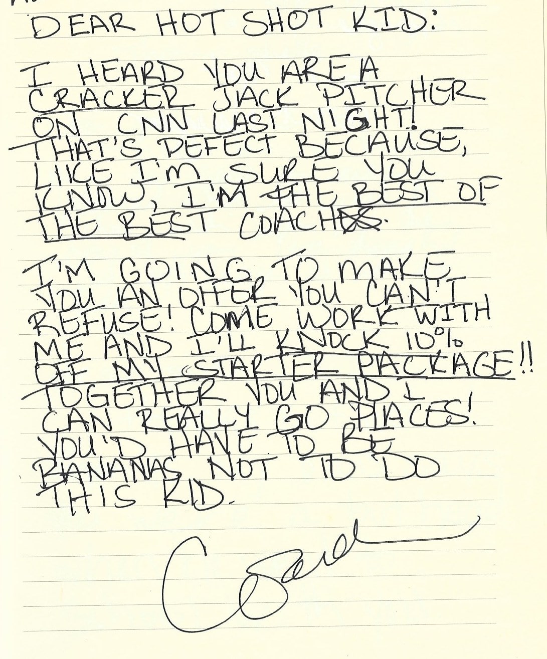 Letter from a coach trying to recruit a talented kid pitcher