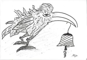 Gritty bird holding a bell by a rope