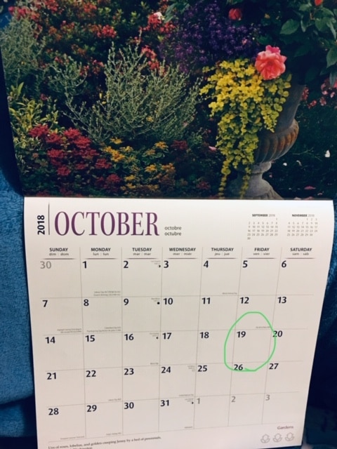 Photo of Mom's calendar with garden and October 19th circled